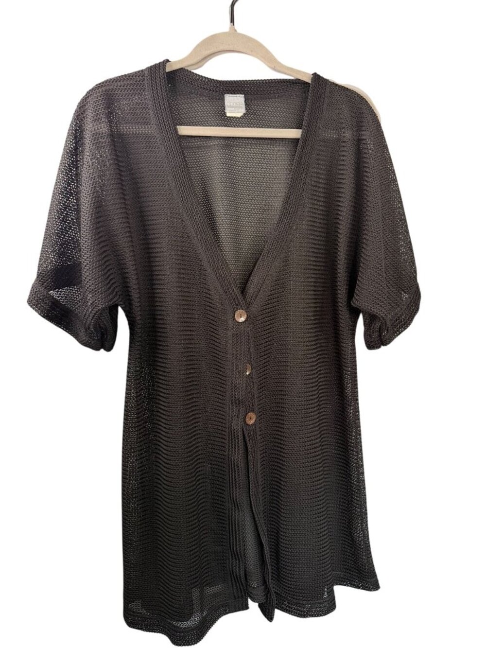 Dream Beach Black Mesh Button-Down Cover-Up Cardigan Large Made In USA